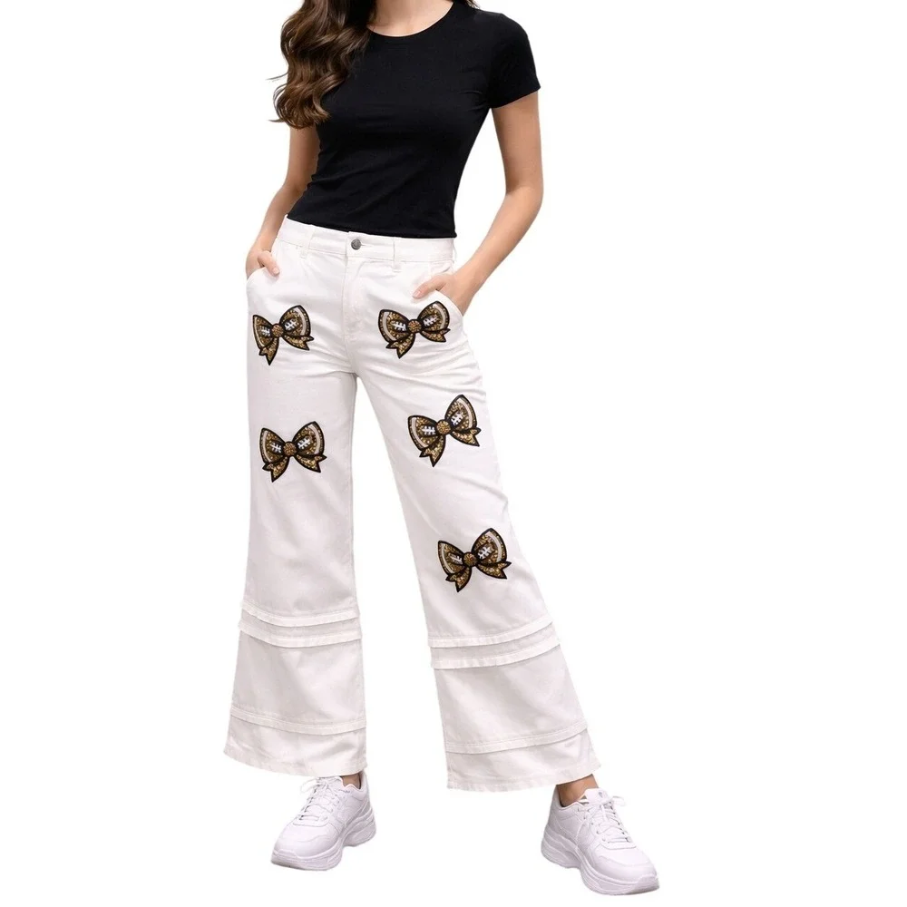 Football Bow Wide Leg Womens Sz. Small White Fringe Gameday‎ Pants